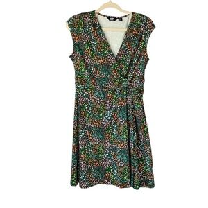 Lands’ End army green olive multi floral sleeveless surplice knit dress. Size MP